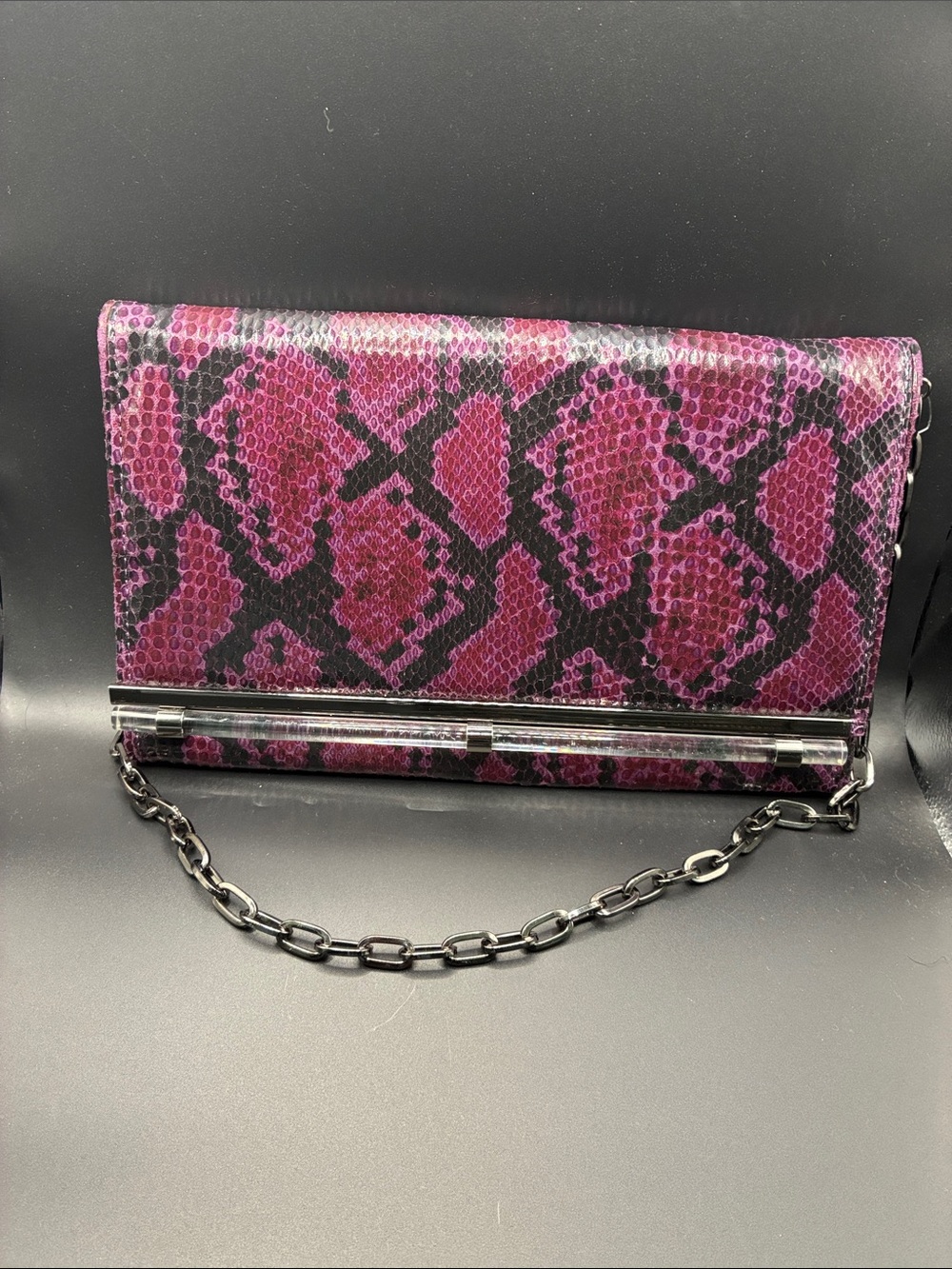 White House Black Market Purple Snakeskin-Print Chain Clutch